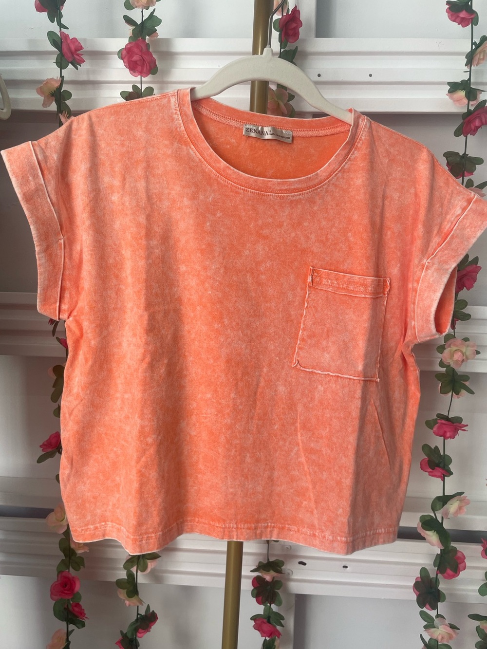 Zenana- Washed Cropped Pocket Tee - Orange - Picture 2 of 2